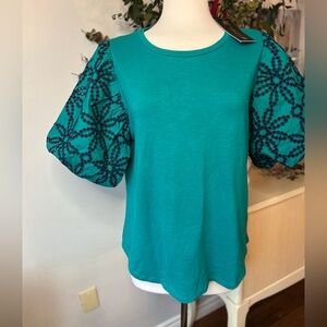 DG2 Diane Gilman 30th Anniversary Eyelet Puff Sleeve Top - M ,Teal